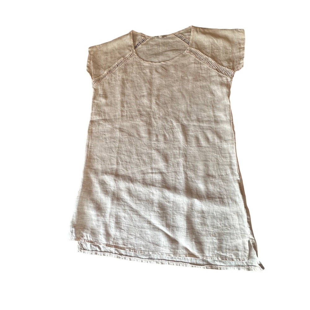 Bellambra Tunic Top Oatmeal Beige Linen Lace Insert Made in Italy Cap Sleeve S